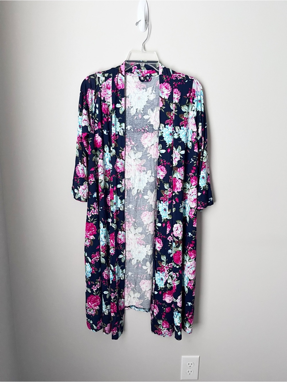 Floral Navy & Pink Small Open-Front Women's Kimono Robe w/ Pockets